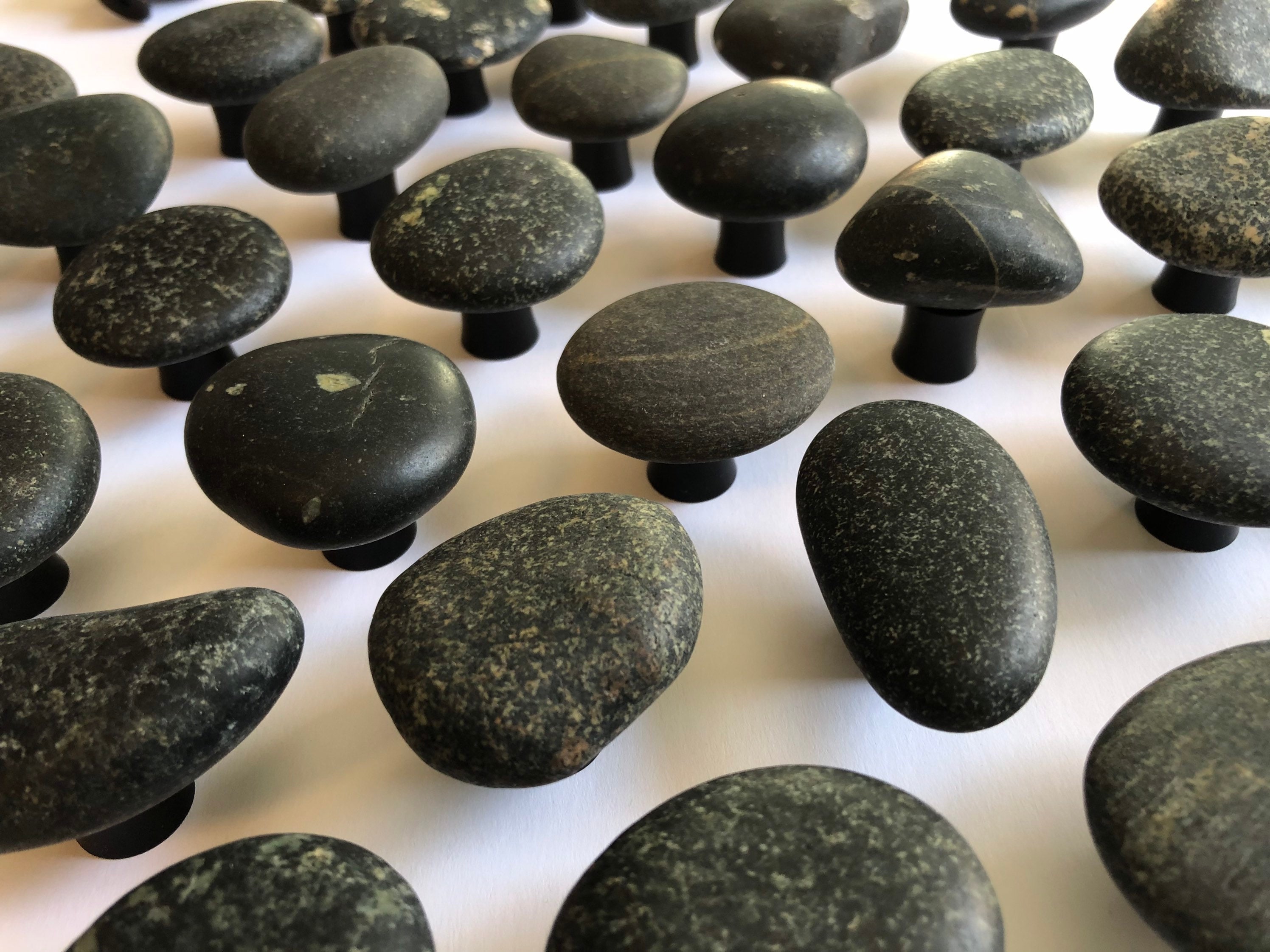 Dark Basalt Rock Cabinet Knobs with black base, made in USA, Mountain Midnight stone cabinet knob, lakeshore stone, dark granite knob