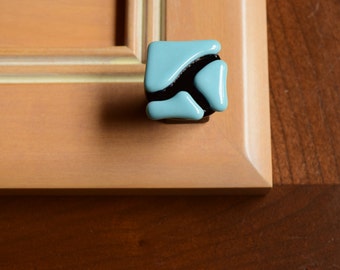 Turquoise mini knob, made in USA, jewelry box knob, small glass knob, blue and black knob, small square knob, cabinet knob, Michigan made