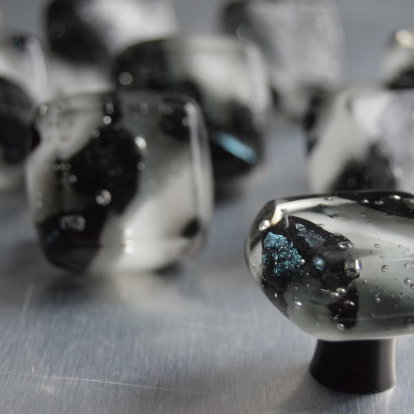 Shades of grey, Silver & Black knob, made in USA, artisan made glass cabinet knob, Black Ice