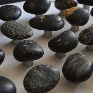 Basalt and Granite rock knobs on silver base, made in USA, Beach stone knobs