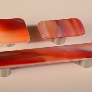 Morning Sky Red handmade glass cabinet knob, red/orange/pink/purple/white streaky patterned glass knob, Made in USA