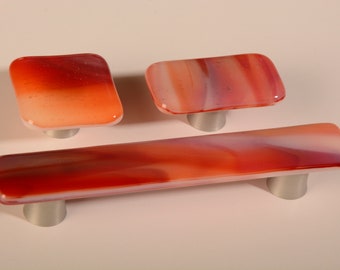 Morning Sky Red handmade glass cabinet knob, red/orange/pink/purple/white streaky patterned glass knob, Made in USA