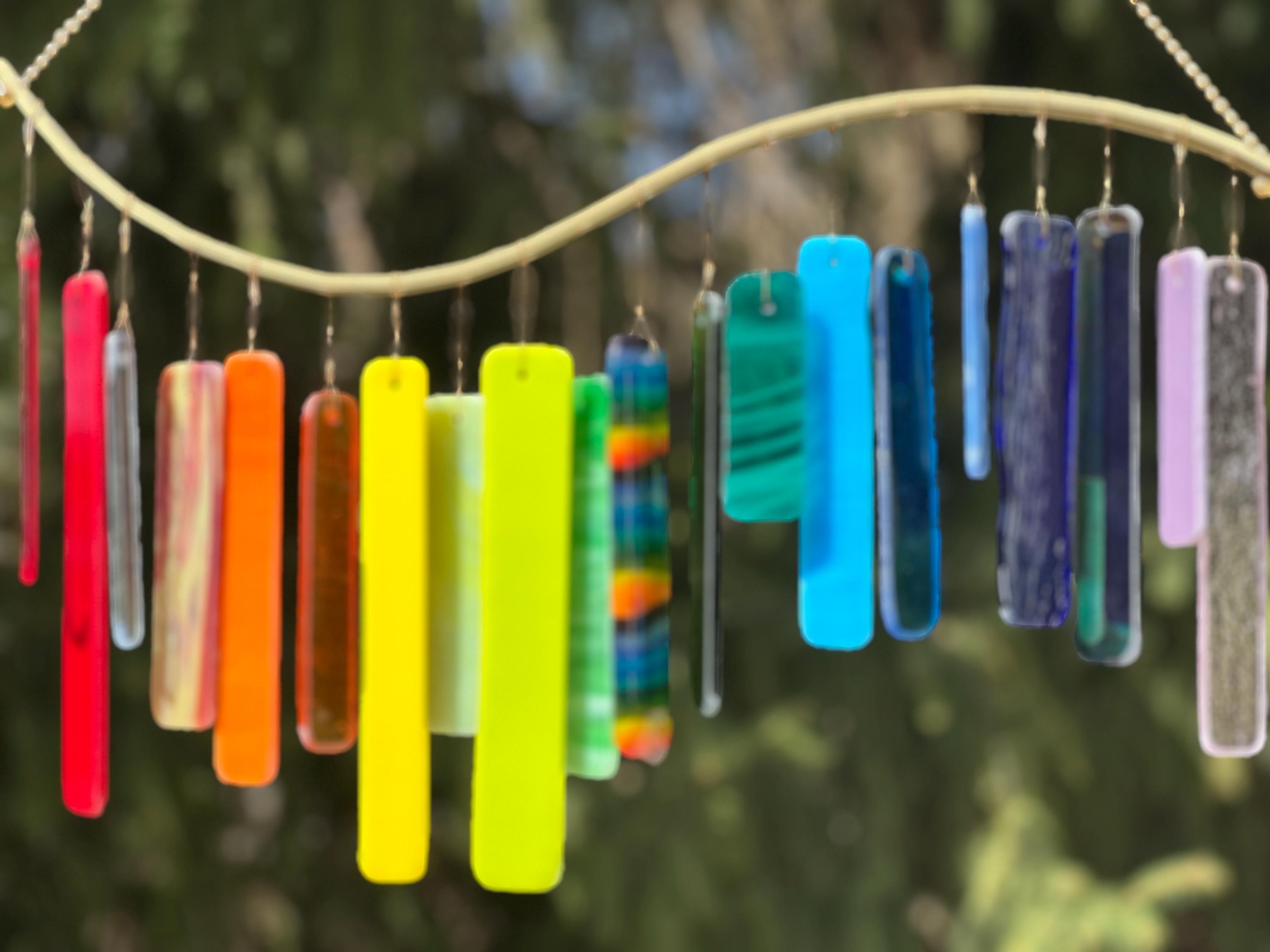 Rainbow Glass Wind Chimes - High Quality Colorful yard art and garden decor - Made in USA- Listen to the Wind