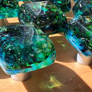 Blue-Green glass knob, custom made in USA,  Lake and Forest colors cabinet knobs. Dancing Water-Forest Stream, Kitchen Hardware Pulls