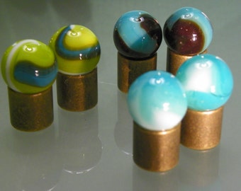 Marble knobs, Made in Michigan, vintage marbles, blue green yellow marble, mini knob, small knob, round knobs, colorful marble, glass knobs