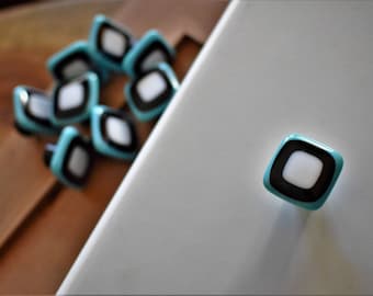 Retro knob, made in USA, glass cabinet knobs and pulls, turquoise black white square knob, 1950 style knob, mid-century modern vintage look