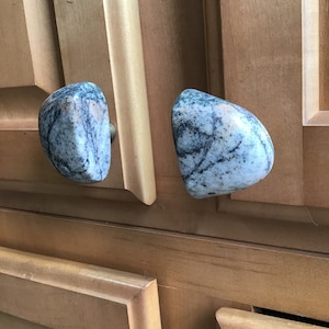 Matching Pair of Granite Rock Knobs on Brass Base, Made in USA, Beach Stone Knobs