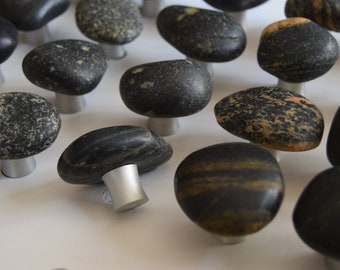 Basalt and Granite rock cabinet knobs on silver base, made in USA, Beach stone knobs, Kitchen Hardware Drawer Handle and Pulls