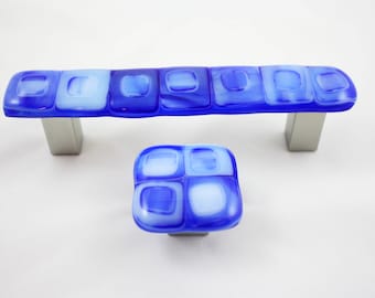 Blue pulls and knobs, made in USA, blue gingham, blue squared knob, blue pull, cabinet hardware, made in Michigan, glass cabinet knobs pulls