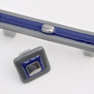 Blue and grey kitchen hardware, blue knob, matching pull and knob, silver and blue glass knob