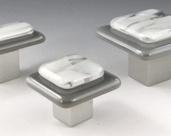 Fog on Grey knob and pulls. Entirely made in USA, Design statement cabinet hardware.