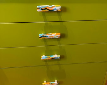 Colorful knob, artisan USA made glass knobs, handcrafted matching drawer pull, 3"cc  green, yellow, orange, blue drawer knob