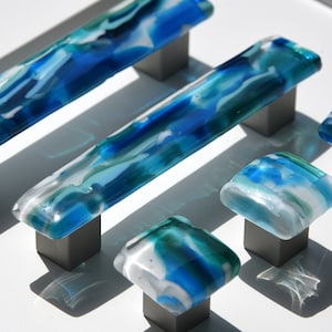 Seascapes Collection. Blues, greens and white in knobs and Pulls 2"cc-4"cc, Kitchen Hardware Handles and Pulls