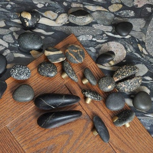 Black Basalt Rock Cabinet knobs, Brass Base, made in USA, Michigan lake shore stone knob, natural rock, basalt stone, kitchen hardware