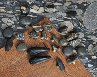 Black Basalt Rock Cabinet knobs, Brass Base, made in USA, Michigan lake shore stone knob, natural rock, basalt stone, kitchen hardware
