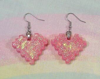 Pop Kei Earrings, Pixel Heart Earrings, Holographic Heart Earrings, Decora Earrings, Glitter Heart Earrings, Valentine's Day Earrings