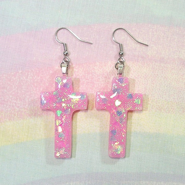 Pink Cross Earrings, Bubble Goth Earrings, Cult Party Kei Earrings, Pastel Goth Earrings, Gothic Lolita Earrings, Creepy Cute Earrings