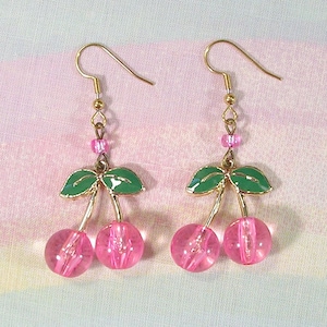 Pink Cherry Earrings: Gyaru Jewelry, Sweet Lolita Accessories, Fairy Kei Style