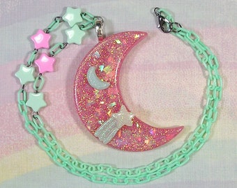 Holographic Moon Necklace, Fairy Kei Necklace, Magical Girl Necklace, Pop Kei Necklace, Uchuu Kei Necklace, Crescent Moon Necklace, Kawaii