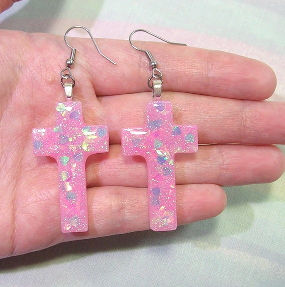 Pink Cross Earrings, Bubble Goth Earrings, Cult Party Kei Earrings, Pastel  Goth Earrings, Gothic Lolita Earrings, Creepy Cute Earrings