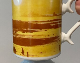 Groovy Vintage Porcelain Beach Scene Pedestal Coffee Mug. 1960s Era.