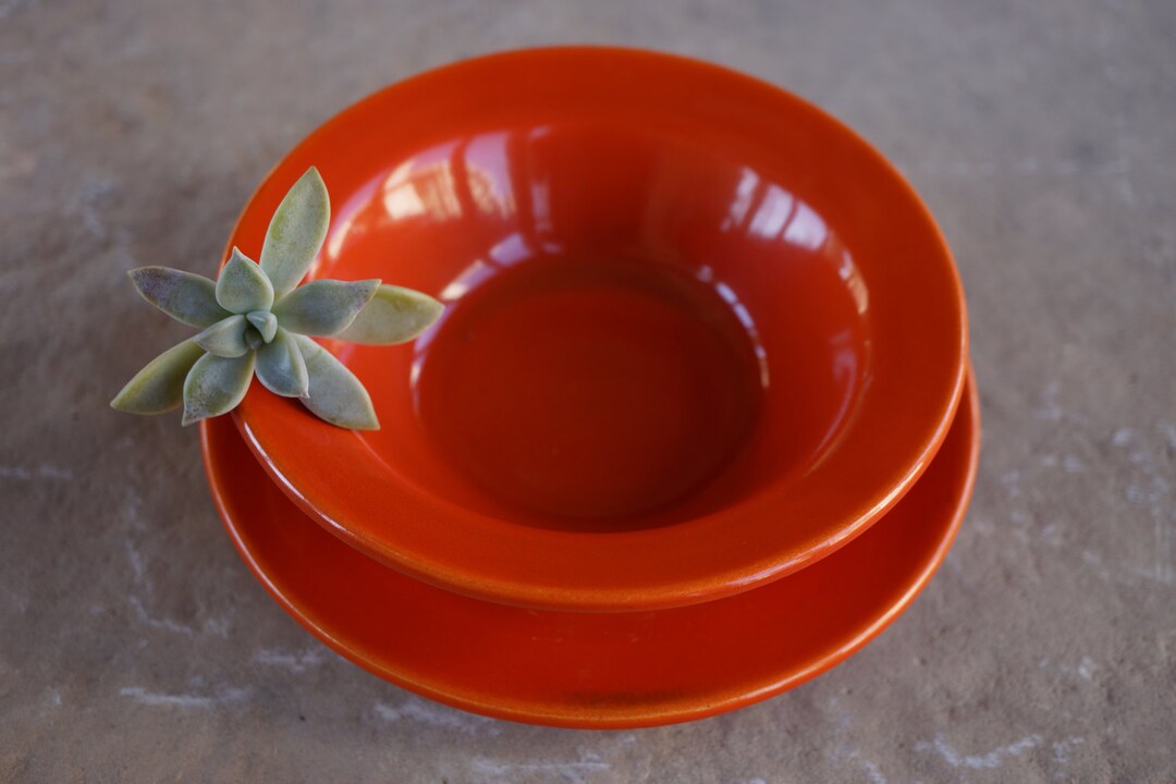 Vintage California Pottery, Bright Orange. Bowl and Plate, Mid Century