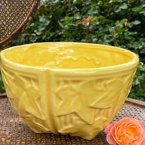 May include: A yellow ceramic bowl with a leaf design. The bowl is sitting on a brown wicker surface.