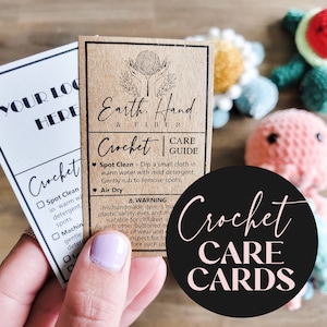 Plantilla de tarjeta de cuidado de crochet, tarjeta de instrucciones de lavado imprimible editable, guía de cuidado de Amigurumi, etiqueta de advertencia de seguridad para los ojos, ¡use SU PROPIO LOGO!