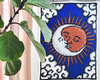 Cosmic Crush Sun & Moon Tapestry Crochet Pattern, Celestial Lovers Wall Hanging, Intermediate Level