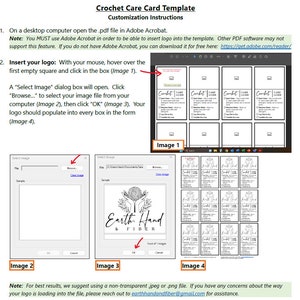May include: Crochet care card template with instructions on how to insert a logo into the template using Adobe Acrobat. The image shows a computer screen with a dialog box for selecting an image file. The image also shows a sample logo with the text "Earth Hand & Fiber".