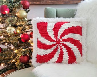 Peppermint Swirl Pillow Cover Crochet Pattern: Winter Holiday Christmas Candy Cane Decor (PDF Pattern)