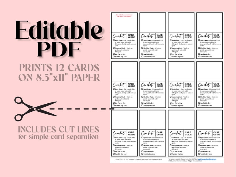 May include: Printable crochet care guide cards. The PDF includes 12 cards that print on 8.5 x 11 inch paper. The cards have cut lines for easy separation.