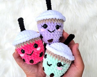 Boba Tea Plushie: Chenille Crochet Bubble Drink with Tapioca Pearls