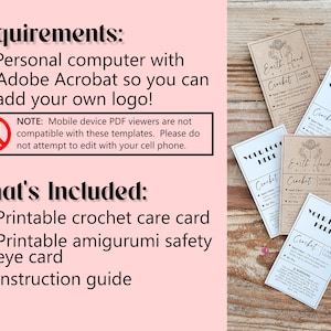 May include: Printable crochet care cards with a brown and white design. The cards include instructions for spot cleaning, hand washing, and air drying. The text "Earth Hand Crochet" and "Care Guide" is visible on the cards. The cards are on a wooden surface.
