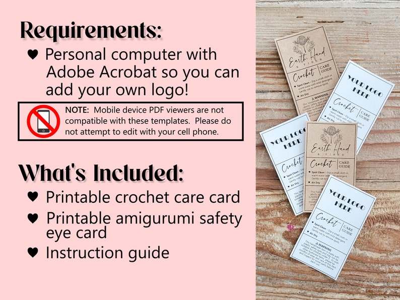 May include: Printable crochet care cards with a brown and white design. The cards include instructions for spot cleaning, hand washing, and air drying. The text "Earth Hand Crochet" and "Care Guide" is visible on the cards. The cards are on a wooden surface.