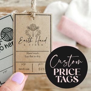 Modelo de etiqueta de preço personalizado para impressão, marcadores de boutique editáveis, etiquetas para feiras de artesanato, cartões de tamanho de roupas, sinalização de loja personalizável com logotipo