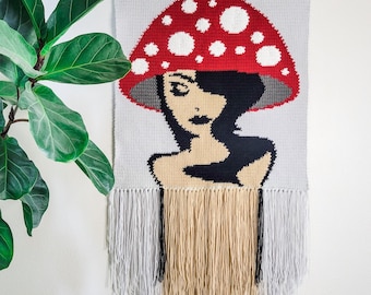 Mushroom Goddess Tapestry Crochet Pattern, Forest Witch Wall Hanging, Toadstool Intermediate Level