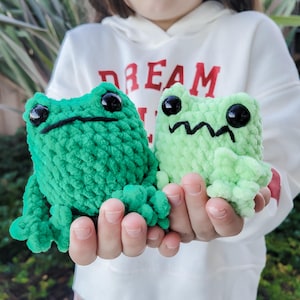 May include: Two crocheted green frog plushies, one a darker green and the other a lighter green, are held in the hands of a person wearing a white hoodie with the word "DREAM" printed in red on the front.