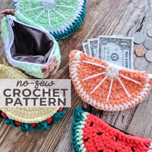 Patrón de crochet para monedero tierno, bolsa con cremallera sin costura, bolsa interior con cremallera, billetera para principiantes, regalos para amantes de los tacos arcoíris de sandía, kiwi y lima