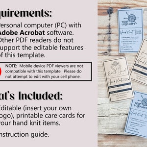 Hand Knit Care Card Template, Editable Printable Washing Instructions ...