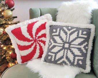 Holiday Pillow Crochet Pattern Bundle – Peppermint Swirl, Snowflake (PDF Pattern)
