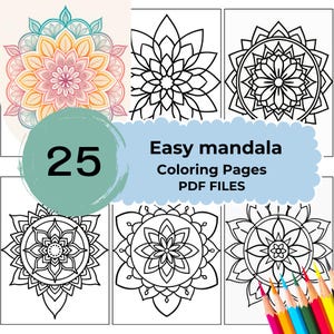 Livro de colorir mandala fácil para imprimir | 25 páginas | Alívio do estresse e atenção plena | Download instantâneo