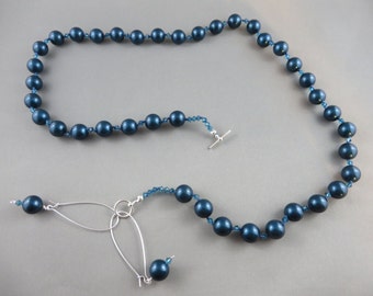 Beautiful Blue Crystal Pearl Necklace - 30 Inch - With Earrings
