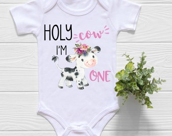 First Birthday Girl, Holy Cow I'm One Onesie®, Farm Birthday Shirt, One Shirt, Birthday Outfit Girl,   Bodysuit, Cow Birthday