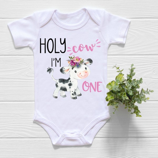 First Birthday Girl, Holy Cow I'm One Onesie®, Farm Birthday Shirt, One Shirt, Birthday Outfit Girl,   Bodysuit, Cow Birthday