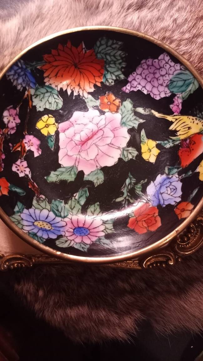 Hand Painted Floral Ceramic and Brass Decorative Plates Etsy