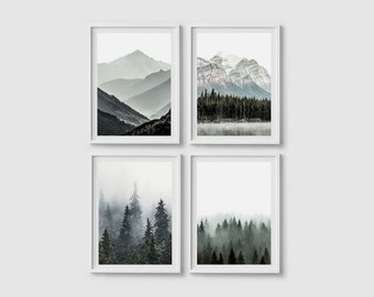 Print set of 4 prints, Minimalist landscape print, Nature print Foggy forest poster Mountain print Misty forest print Mountain landscape art