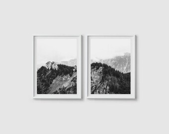 Forest Print Set of 2 Prints - Black White Mountain art - Foggy forest art Nature print set Landscape art Misty mountains Forest printable