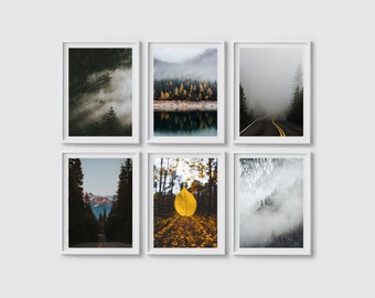 Landscape print set of 6 prints, Landscape wall art set Mountain landscape art Foggy forest poster Misty forest art print Nature photography