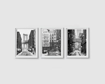 New York City Print set of 3 prints, Manhattan print, Black White NYC New York art poster Winter print Brooklyn poster New York architecture